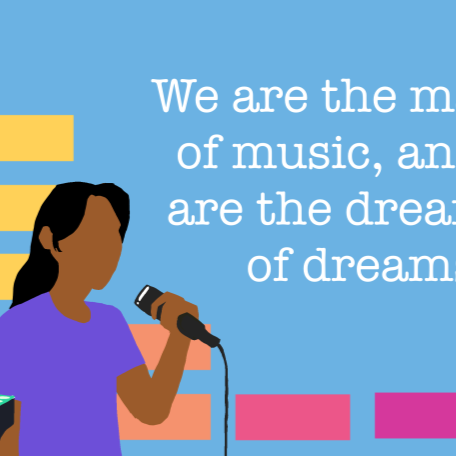 ectangular mural with a sky blue background. White text in center reads, We are the makers of music, and we are the dreamers of dreams. In the backdrop are rainbow bars in the shape of a music equalizer. In the foreground are three students; respectively DJing, singing, and playing an electric guitar.